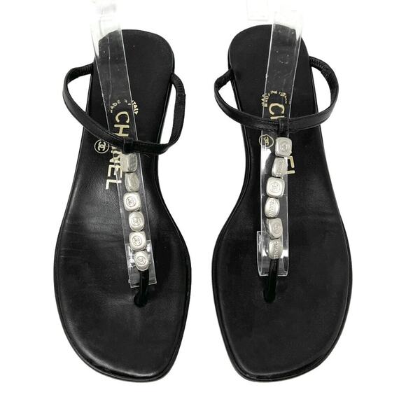 Chanel CC Charm Thong Sandals Black Leather Flats Y2K EU 36.5 / US 6.5 - Picture 1 of 9